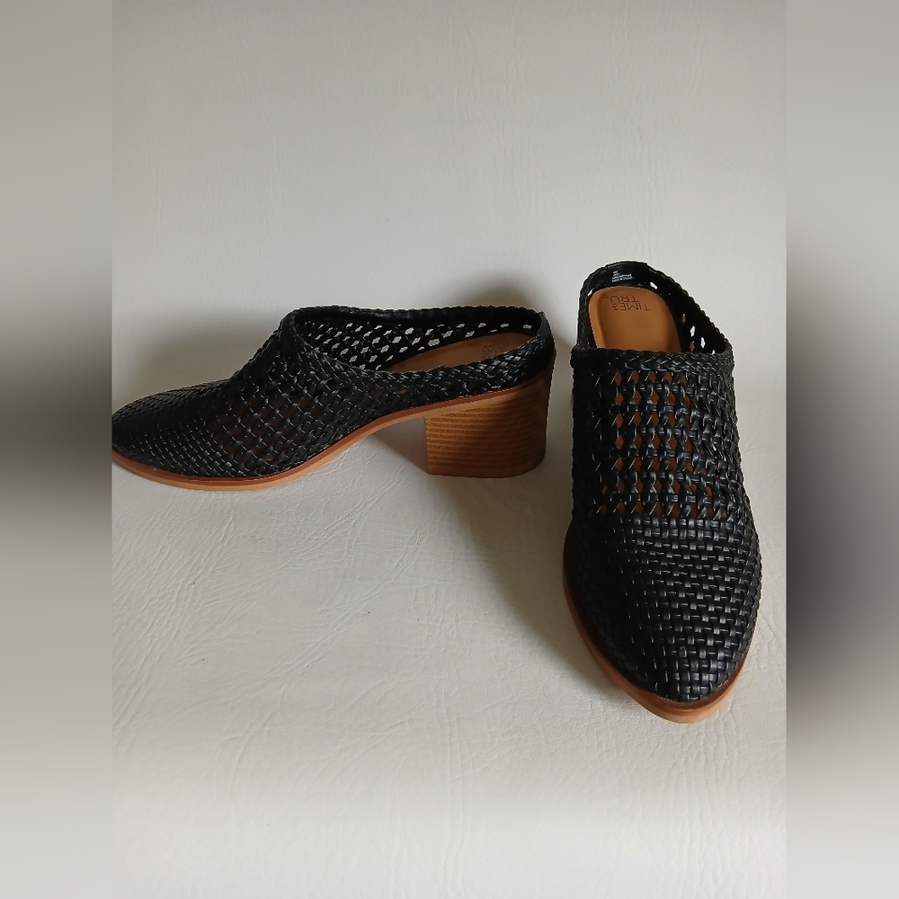 Time and Tru Black and Brown Mules with Woven Design